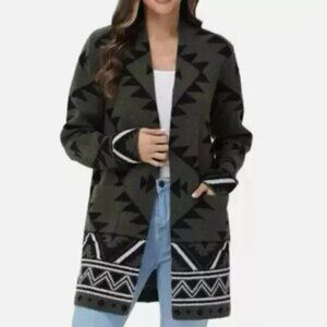 Nwt Frye Women's XS Green Aztec Pattern Open Front Long Cardigan